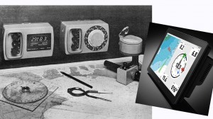 Una mesa de cartas de los años 60, con cartas de papel, lápiz, regla y compás. E