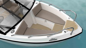 Los bancos de proa de la Quicksilver Activ 555 Bowrider tienen estiba en su parte inferior y pueden convertirse en un amplio solario. Mar Abierto - Los bancos de proa de la Quicksilver Activ 555 Bowrider tienen est